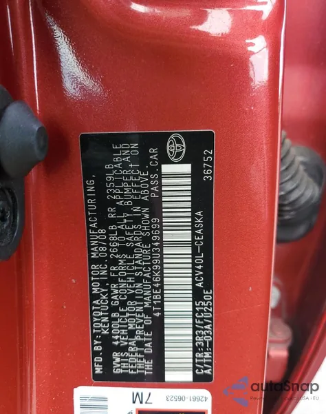 2009 Toyota Camry Base from USA, damaged, VIN 4T1BE46K99U349699